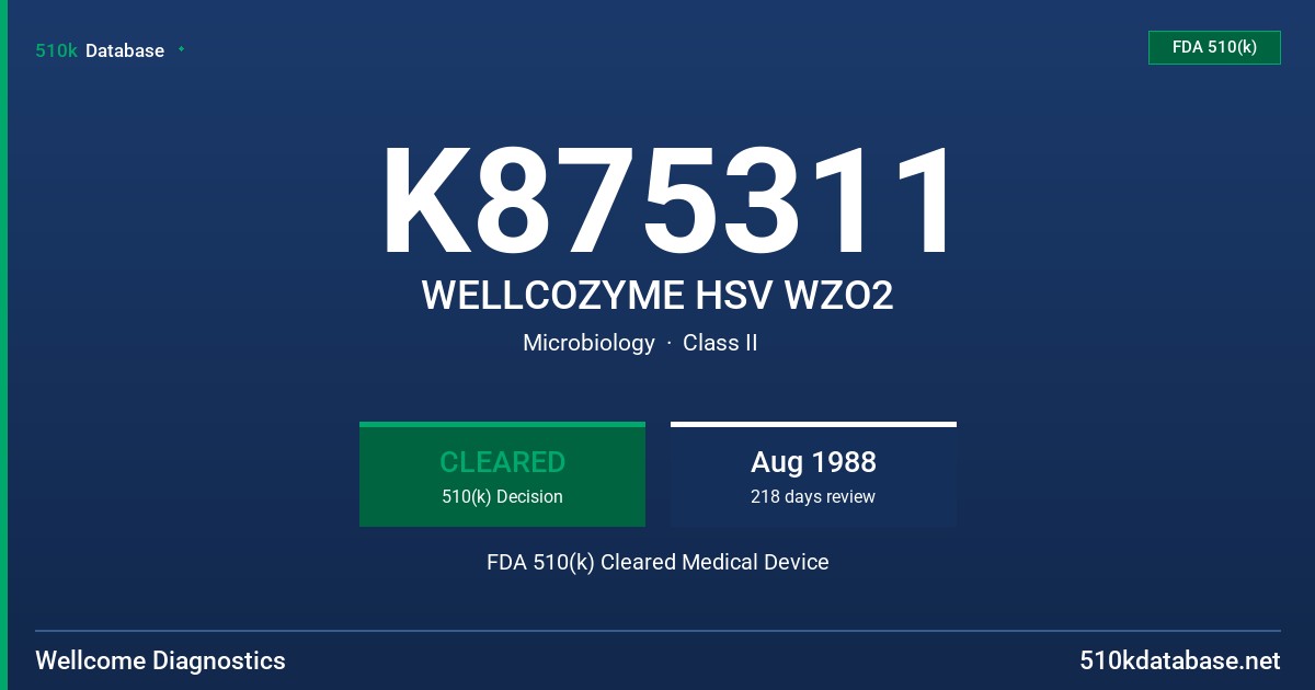 K875311 WELLCOZYME HSV WZO2 FDA 510(k) Cleared Medical Device