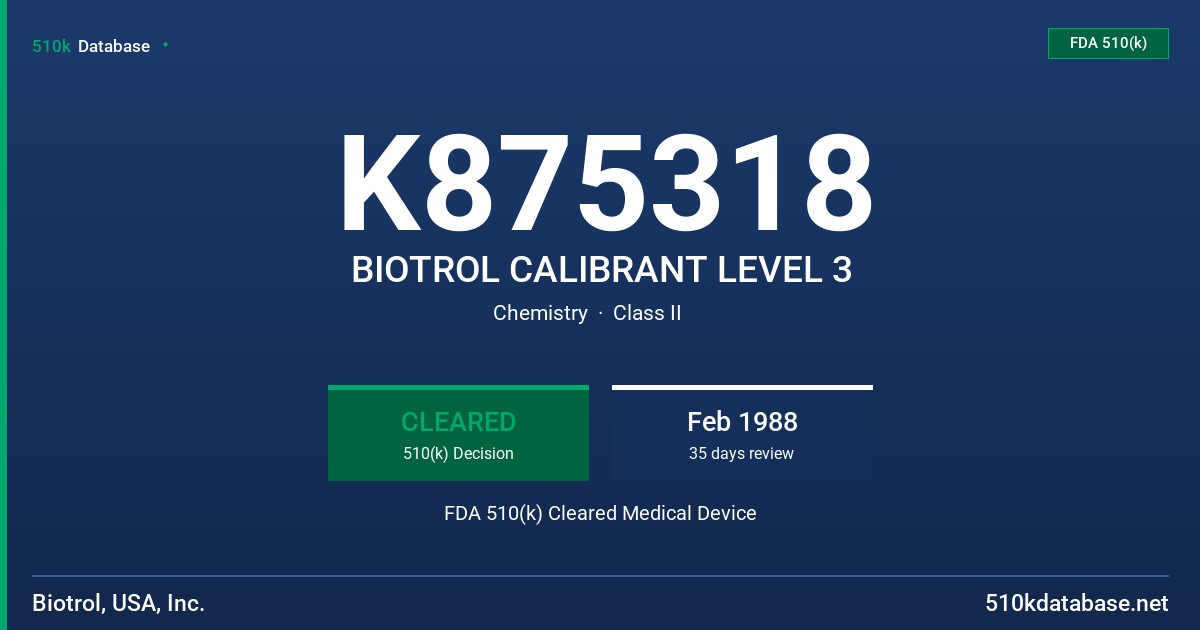 K875318 BIOTROL CALIBRANT LEVEL 3 FDA 510(k) Cleared Medical Device