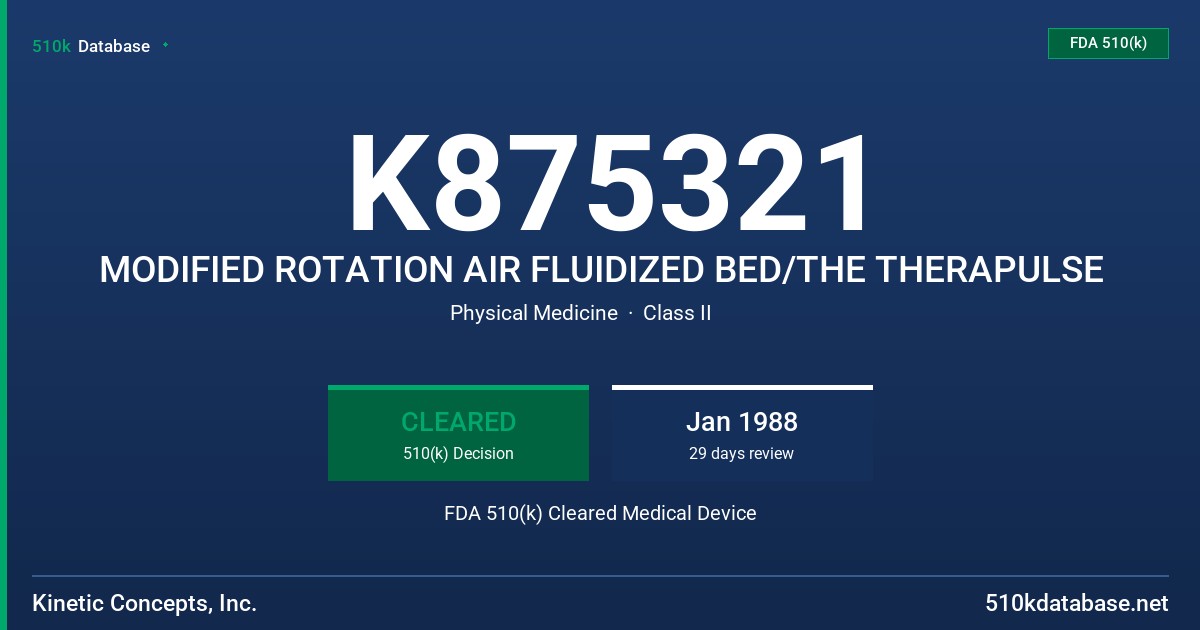 K875321 MODIFIED ROTATION AIR FLUIDIZED BED/THE THERAPULSE FDA 510(k) Cleared Medical Device