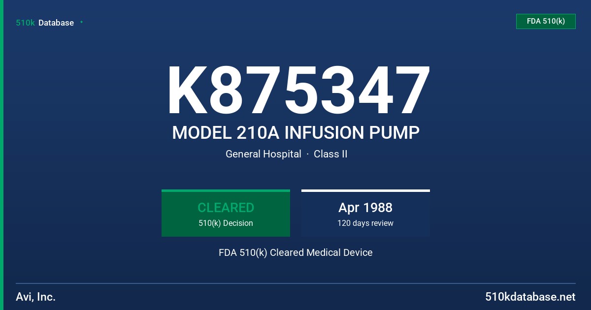 K875347 MODEL 210A INFUSION PUMP FDA 510(k) Cleared Medical Device