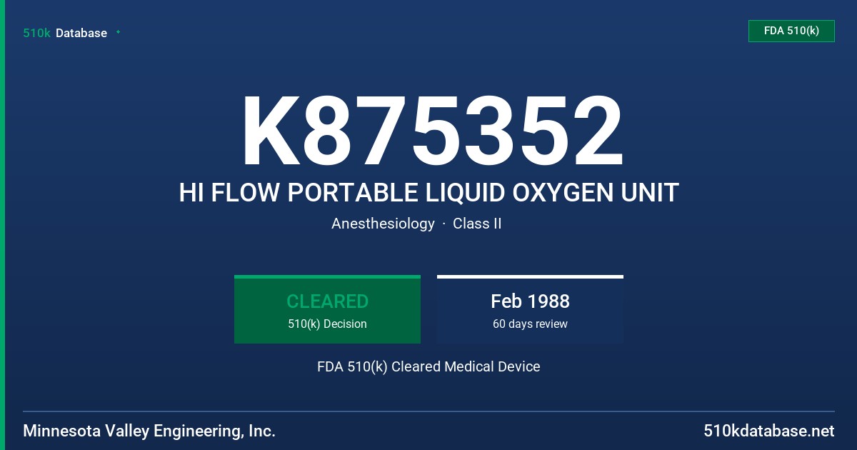 K875352 HI FLOW PORTABLE LIQUID OXYGEN UNIT FDA 510(k) Cleared Medical Device