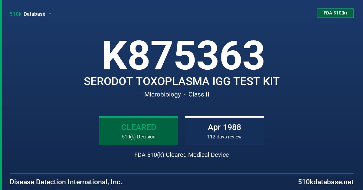 K875363 SERODOT TOXOPLASMA IGG TEST KIT FDA 510(k) Cleared Medical Device