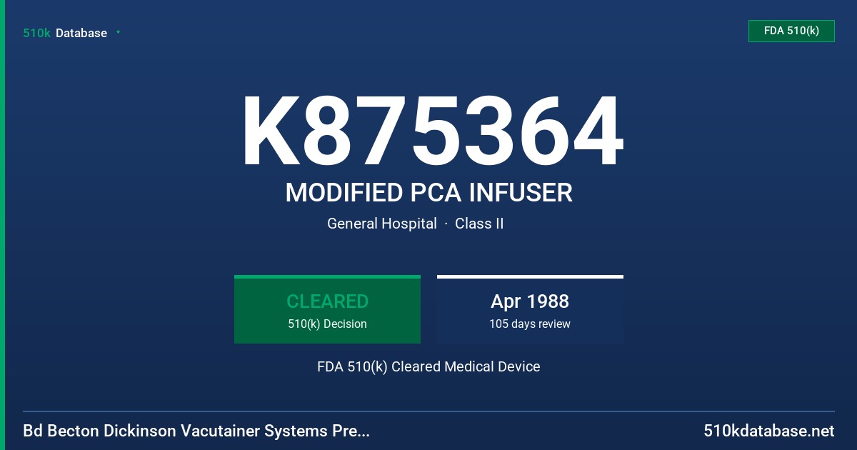 K875364 MODIFIED PCA INFUSER FDA 510(k) Cleared Medical Device