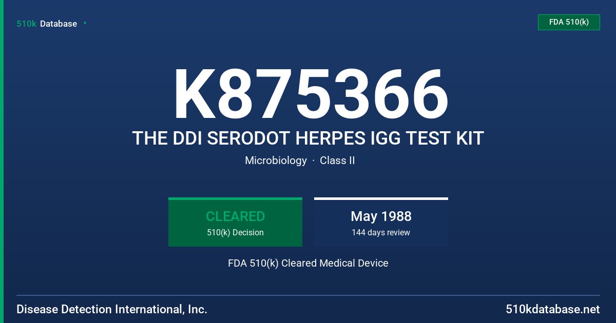 K875366 THE DDI SERODOT HERPES IGG TEST KIT FDA 510(k) Cleared Medical Device