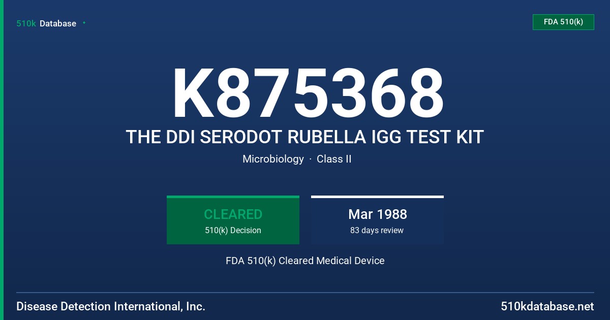 K875368 THE DDI SERODOT RUBELLA IGG TEST KIT FDA 510(k) Cleared Medical Device