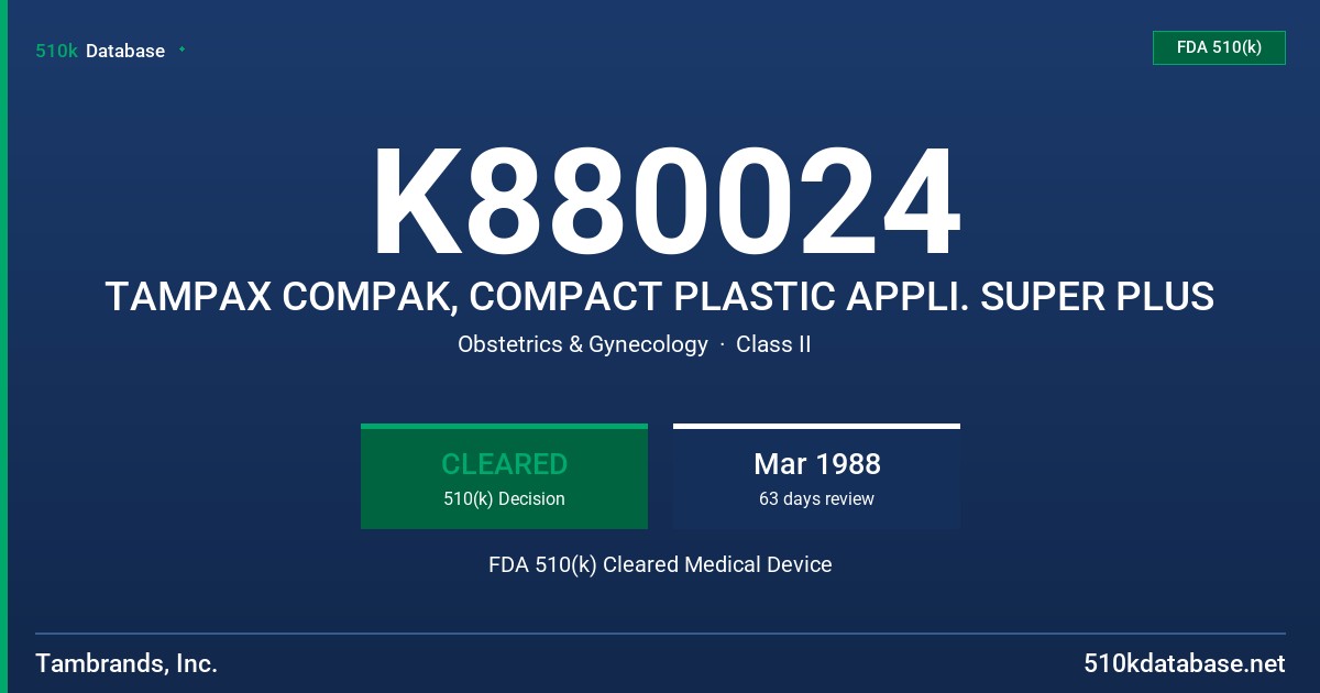 K880024 TAMPAX COMPAK, COMPACT PLASTIC APPLI. SUPER PLUS FDA 510(k) Cleared Medical Device