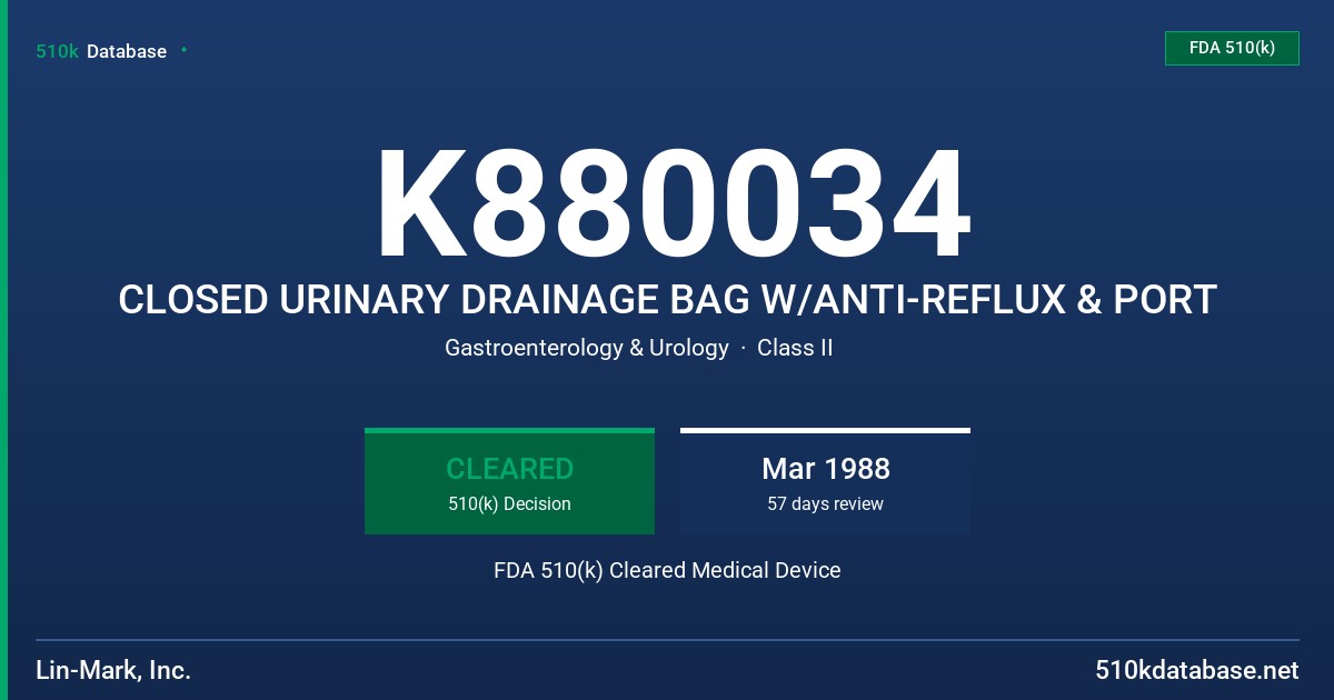 K880034 CLOSED URINARY DRAINAGE BAG W/ANTI-REFLUX & PORT FDA 510(k) Cleared Medical Device