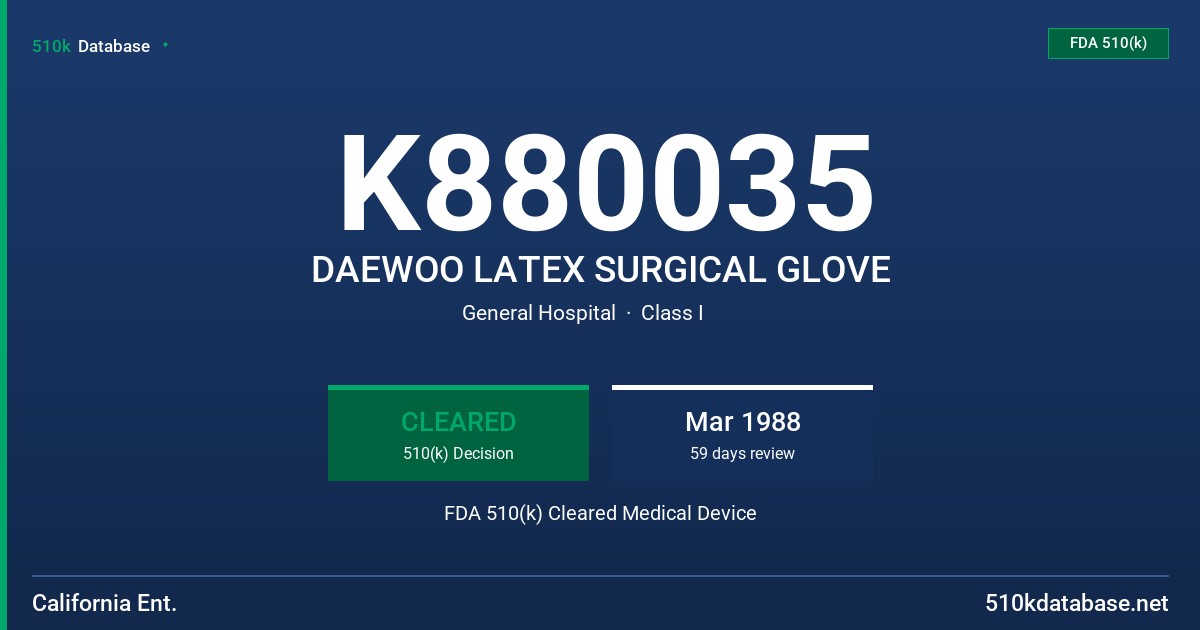 K880035 DAEWOO LATEX SURGICAL GLOVE FDA 510(k) Cleared Medical Device