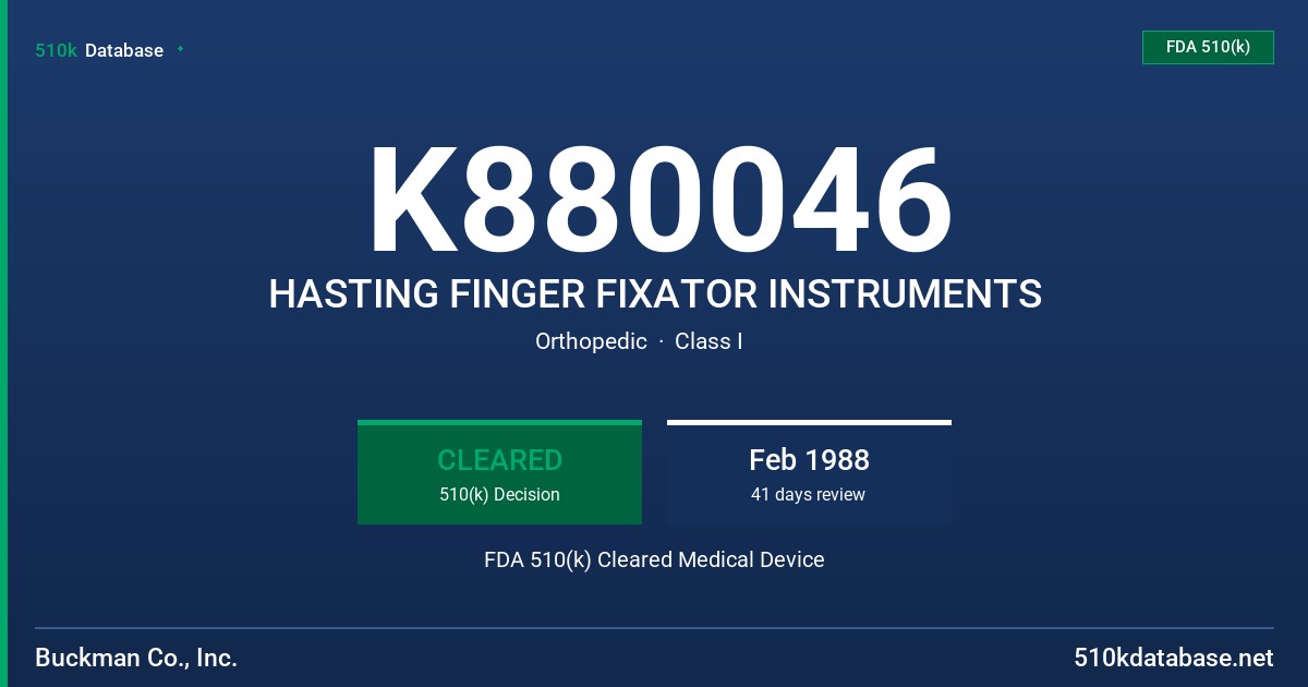 K880046 HASTING FINGER FIXATOR INSTRUMENTS FDA 510(k) Cleared Medical Device