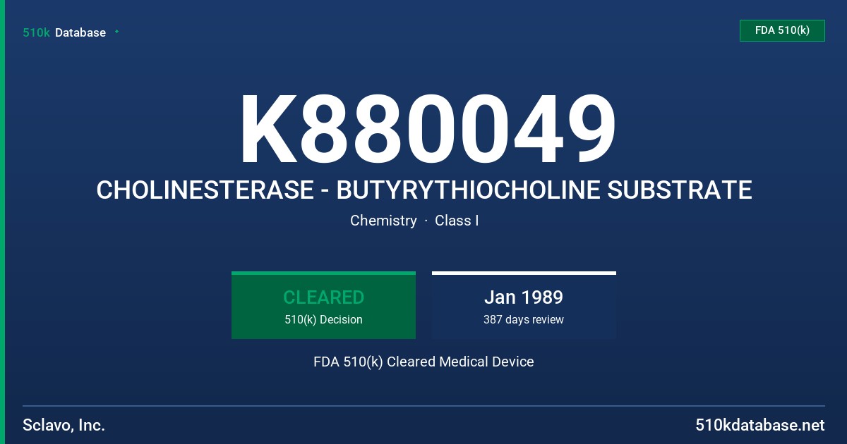 K880049 CHOLINESTERASE - BUTYRYTHIOCHOLINE SUBSTRATE FDA 510(k) Cleared Medical Device