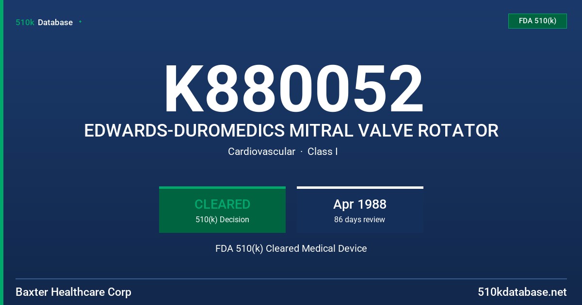 K880052 EDWARDS-DUROMEDICS MITRAL VALVE ROTATOR FDA 510(k) Cleared Medical Device