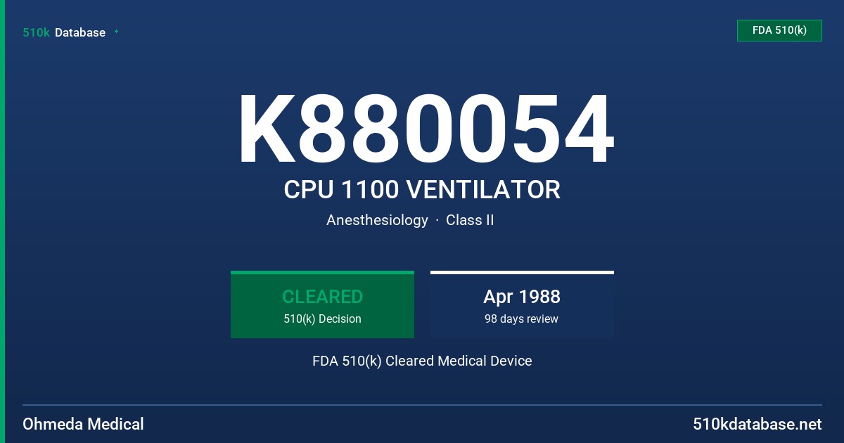K880054 CPU 1100 VENTILATOR FDA 510(k) Cleared Medical Device