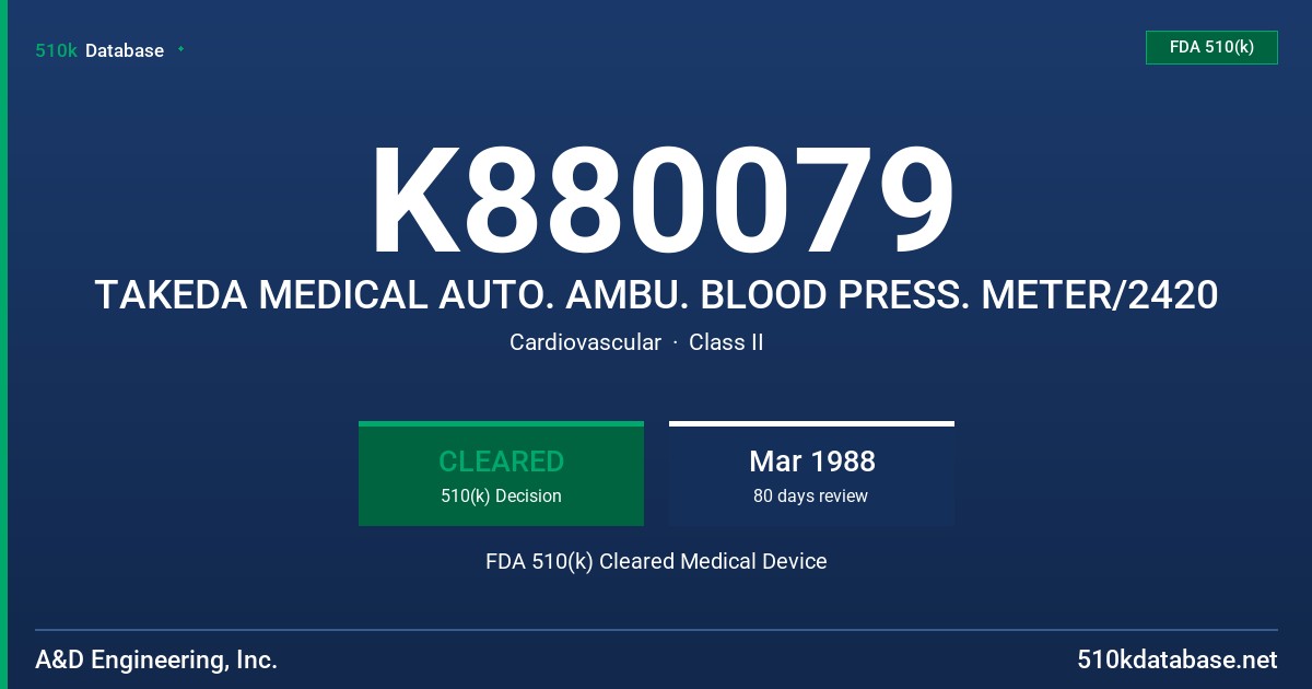 K880079 TAKEDA MEDICAL AUTO. AMBU. BLOOD PRESS. METER/2420 FDA 510(k) Cleared Medical Device