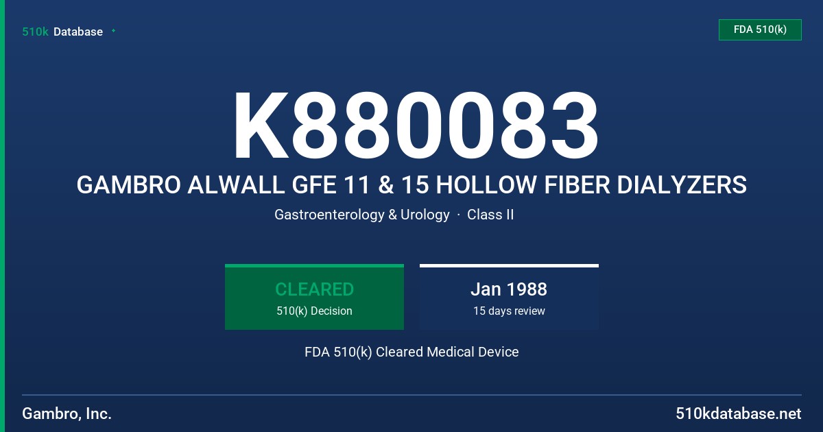K880083 GAMBRO ALWALL GFE 11 & 15 HOLLOW FIBER DIALYZERS FDA 510(k) Cleared Medical Device