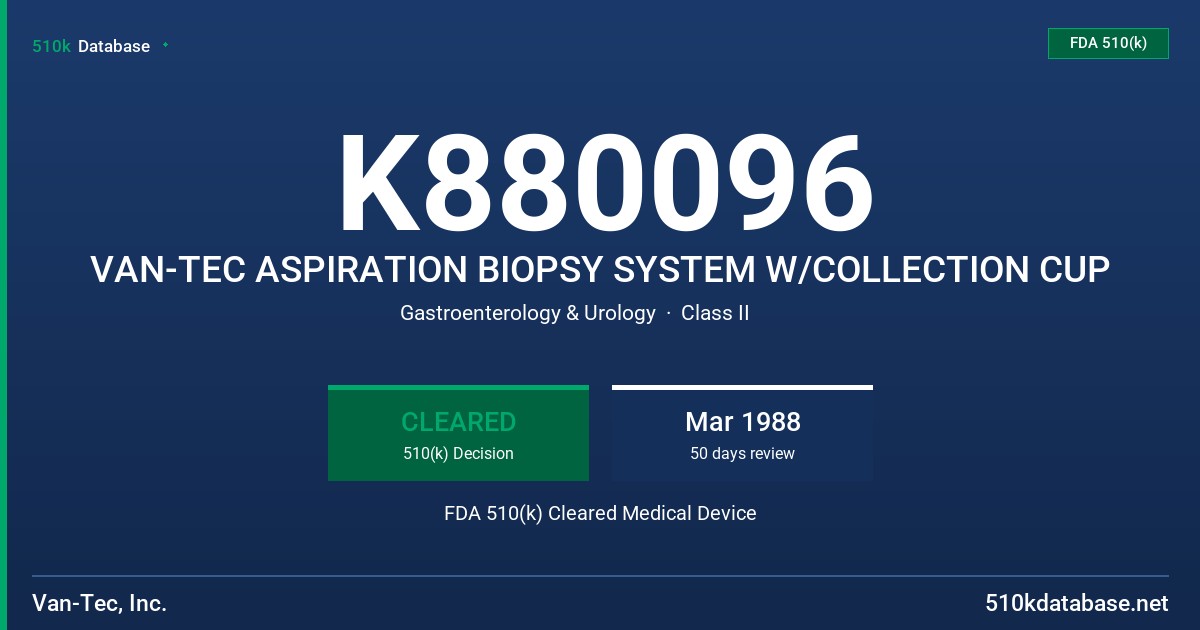 K880096 VAN-TEC ASPIRATION BIOPSY SYSTEM W/COLLECTION CUP FDA 510(k) Cleared Medical Device