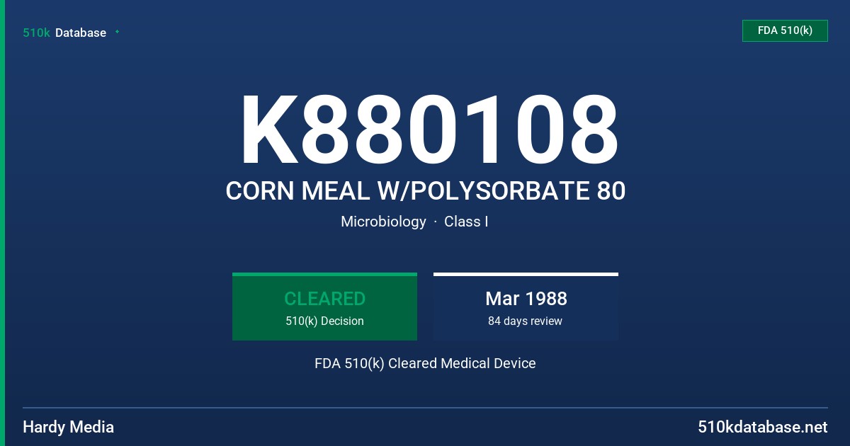 K880108 CORN MEAL W/POLYSORBATE 80 FDA 510(k) Cleared Medical Device