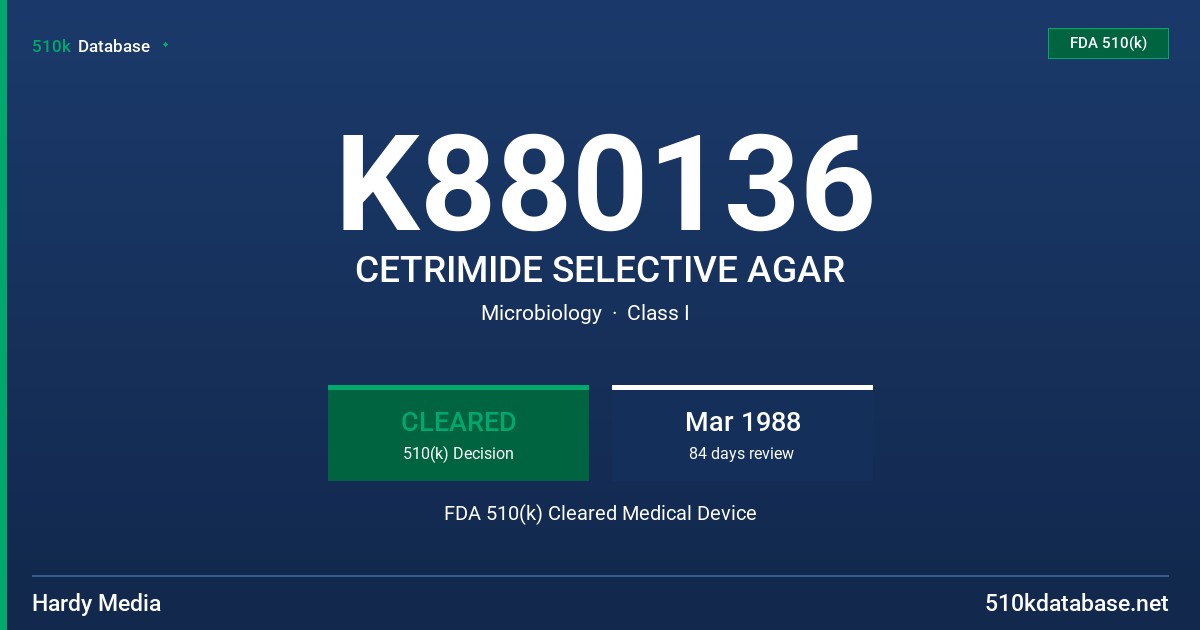 K880136 CETRIMIDE SELECTIVE AGAR FDA 510(k) Cleared Medical Device