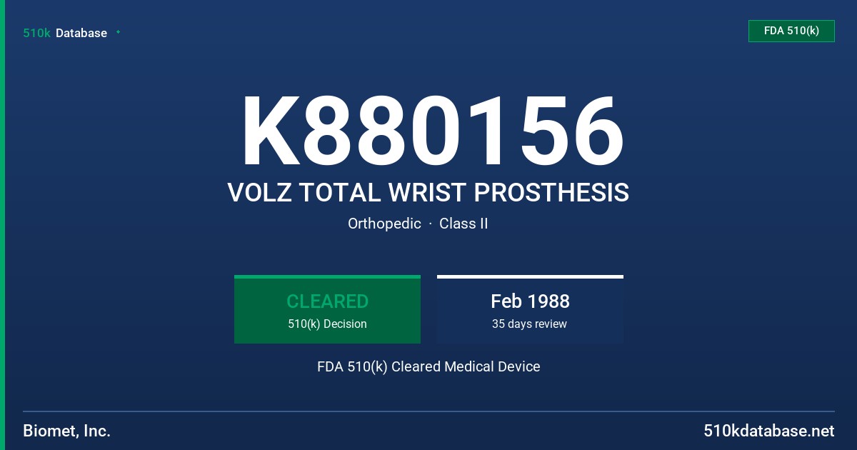 K880156 VOLZ TOTAL WRIST PROSTHESIS FDA 510(k) Cleared Medical Device