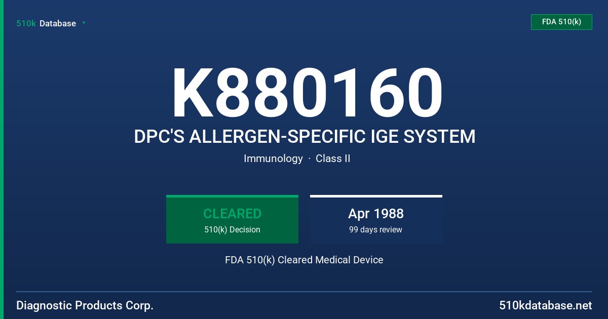 K880160 DPC'S ALLERGEN-SPECIFIC IGE SYSTEM FDA 510(k) Cleared Medical Device