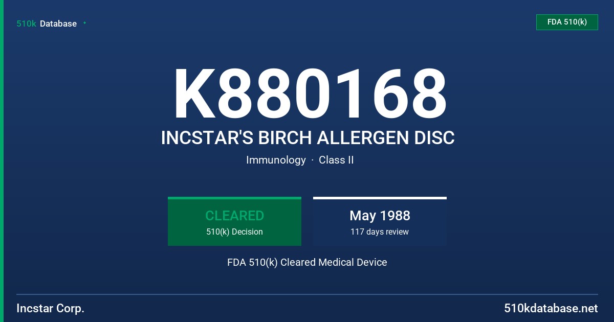 K880168 INCSTAR'S BIRCH ALLERGEN DISC FDA 510(k) Cleared Medical Device