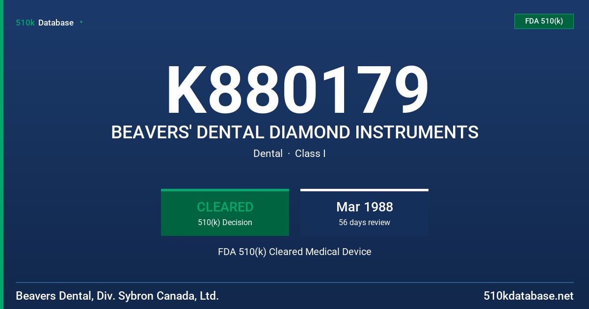 K880179 BEAVERS' DENTAL DIAMOND INSTRUMENTS FDA 510(k) Cleared Medical Device