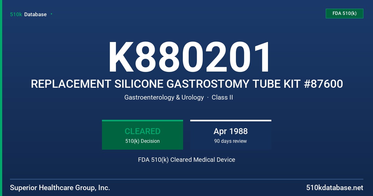 K880201 REPLACEMENT SILICONE GASTROSTOMY TUBE KIT #87600 FDA 510(k) Cleared Medical Device