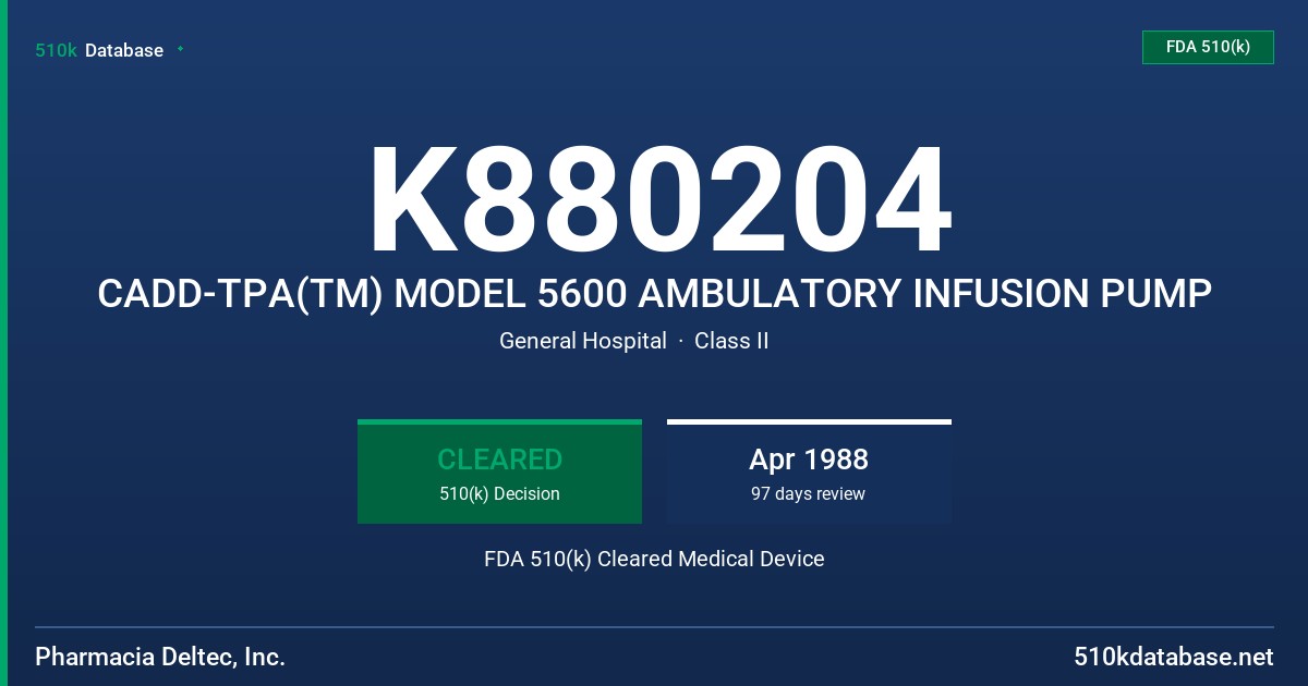 K880204 CADD-TPA(TM) MODEL 5600 AMBULATORY INFUSION PUMP FDA 510(k) Cleared Medical Device