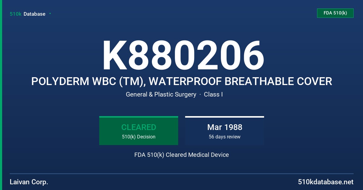 K880206 POLYDERM WBC (TM), WATERPROOF BREATHABLE COVER FDA 510(k) Cleared Medical Device