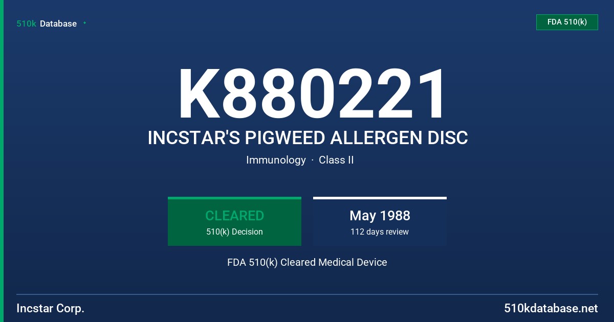 K880221 INCSTAR'S PIGWEED ALLERGEN DISC FDA 510(k) Cleared Medical Device