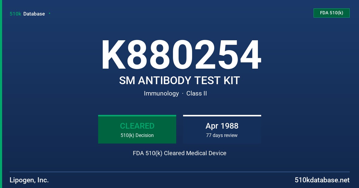 K880254 SM ANTIBODY TEST KIT FDA 510(k) Cleared Medical Device