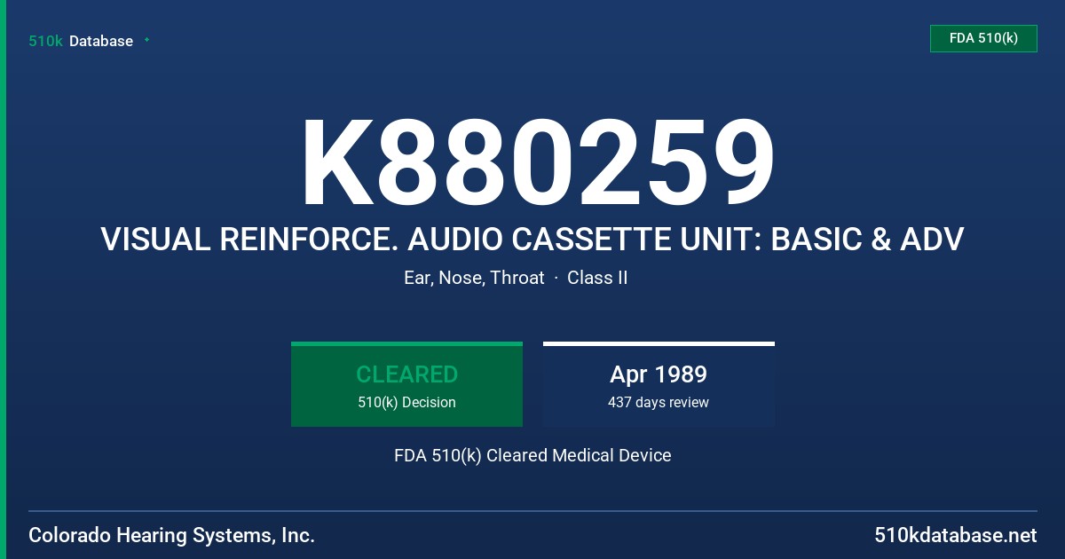 K880259 VISUAL REINFORCE. AUDIO CASSETTE UNIT: BASIC & ADV FDA 510(k) Cleared Medical Device