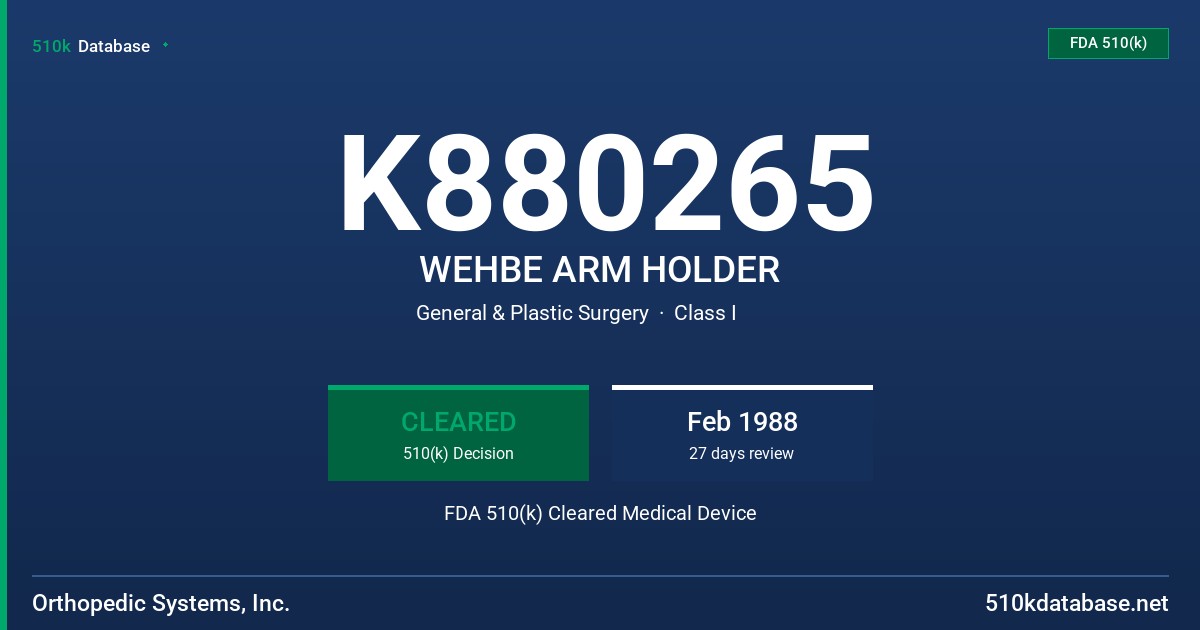 K880265 WEHBE ARM HOLDER FDA 510(k) Cleared Medical Device