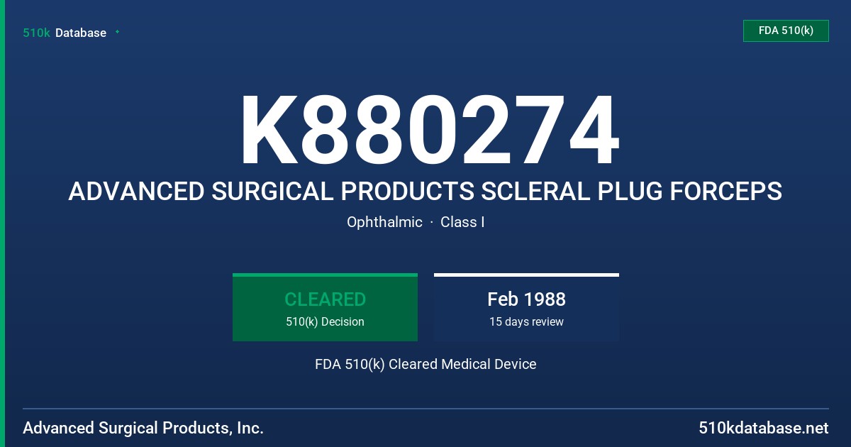 K880274 ADVANCED SURGICAL PRODUCTS SCLERAL PLUG FORCEPS FDA 510(k) Cleared Medical Device