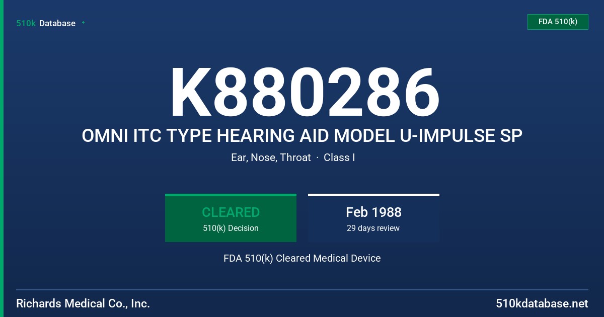 K880286 OMNI ITC TYPE HEARING AID MODEL U-IMPULSE SP FDA 510(k) Cleared Medical Device