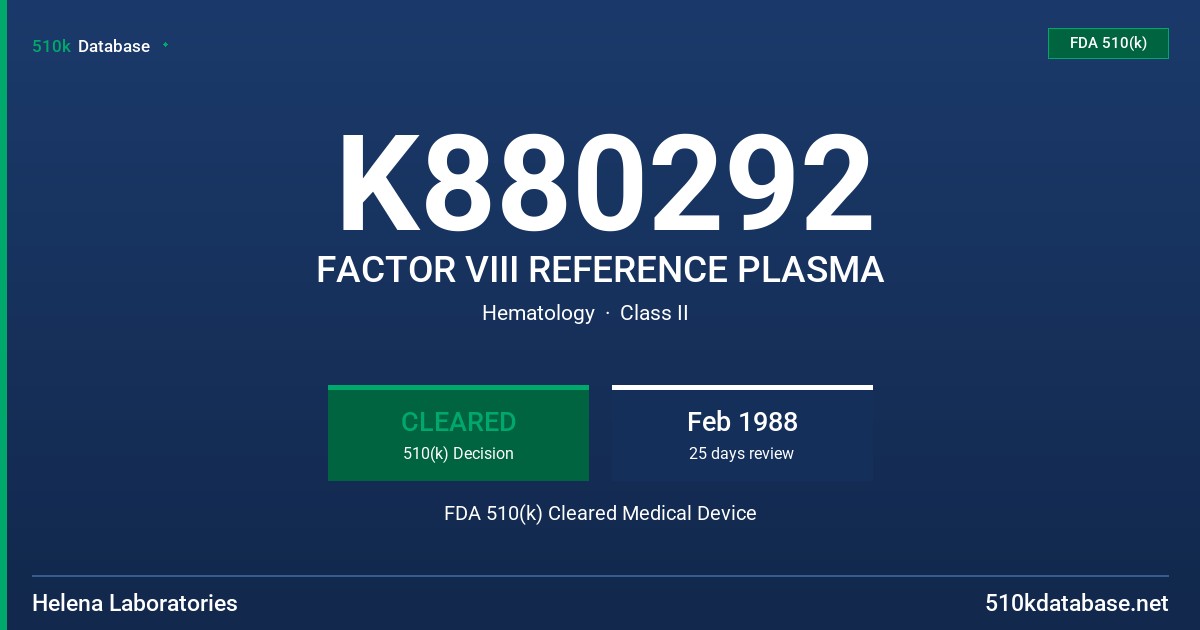 K880292 FACTOR VIII REFERENCE PLASMA FDA 510(k) Cleared Medical Device