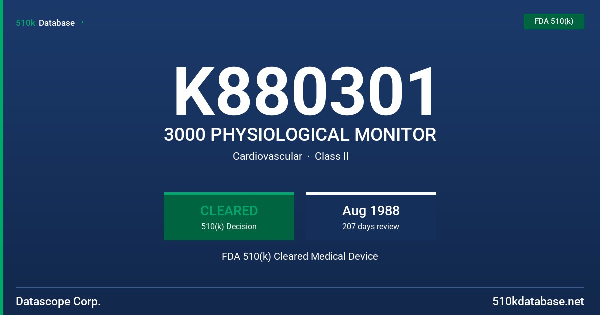 K880301 3000 PHYSIOLOGICAL MONITOR FDA 510(k) Cleared Medical Device