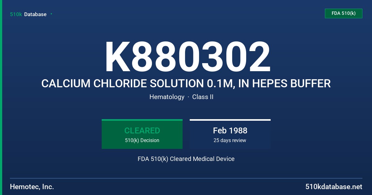 K880302 CALCIUM CHLORIDE SOLUTION 0.1M, IN HEPES BUFFER FDA 510(k) Cleared Medical Device