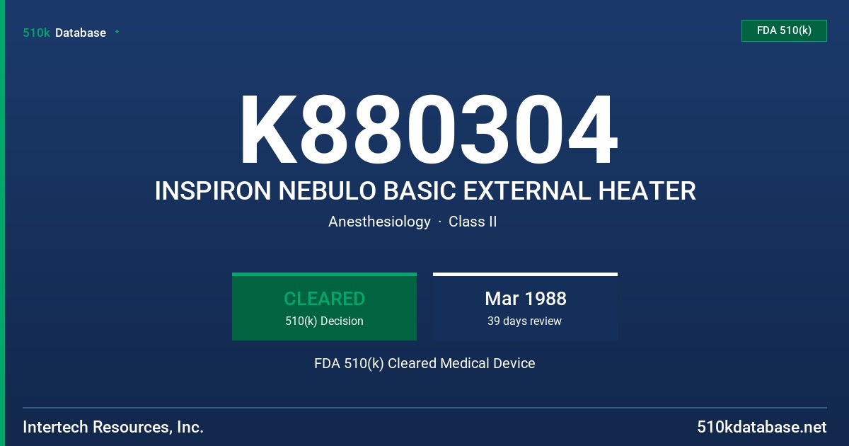 K880304 INSPIRON NEBULO BASIC EXTERNAL HEATER FDA 510(k) Cleared Medical Device