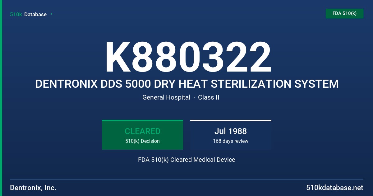 K880322 DENTRONIX DDS 5000 DRY HEAT STERILIZATION SYSTEM FDA 510(k) Cleared Medical Device
