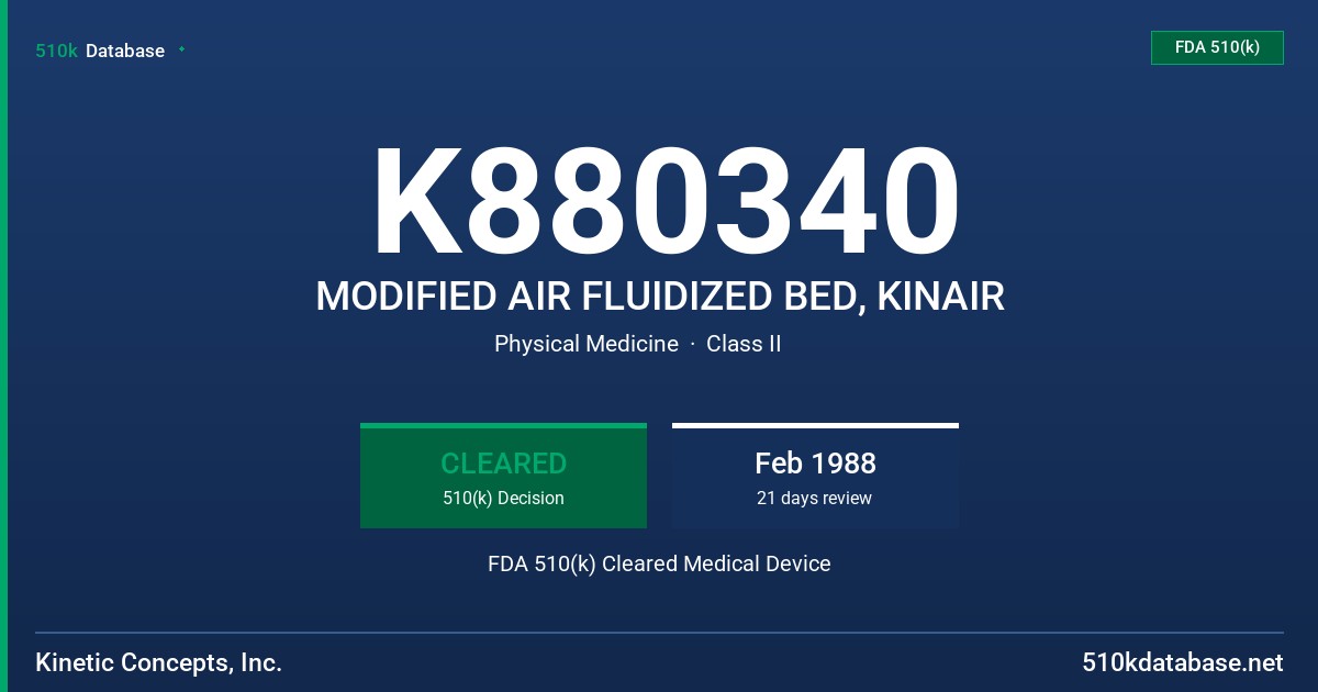 K880340 MODIFIED AIR FLUIDIZED BED, KINAIR FDA 510(k) Cleared Medical Device
