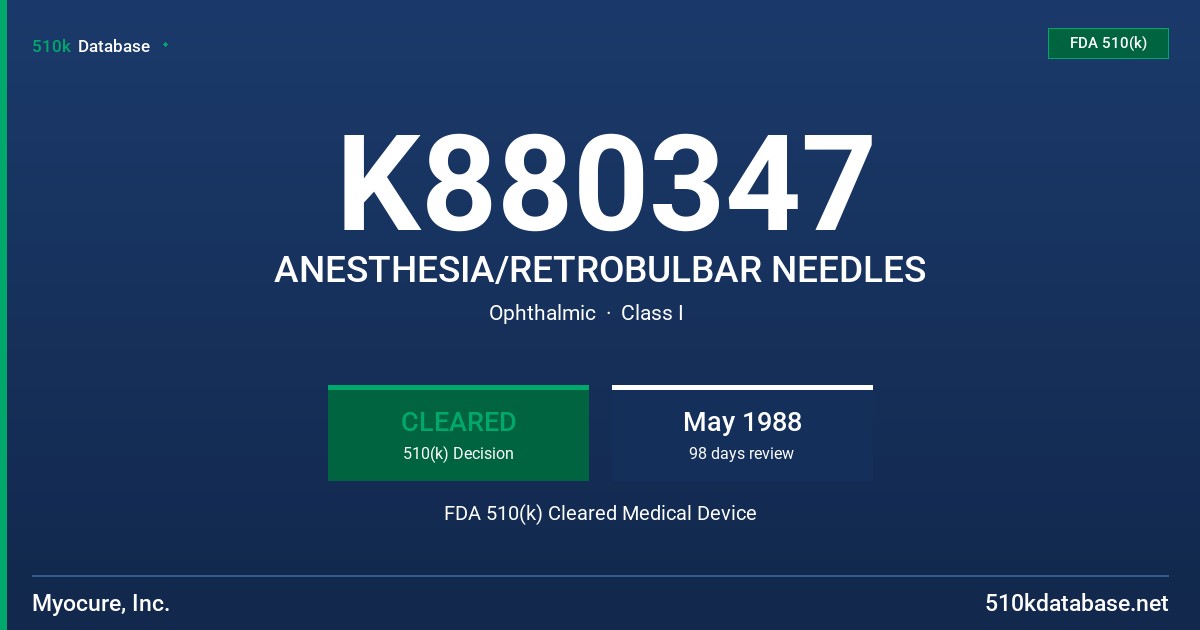 K880347 ANESTHESIA/RETROBULBAR NEEDLES FDA 510(k) Cleared Medical Device
