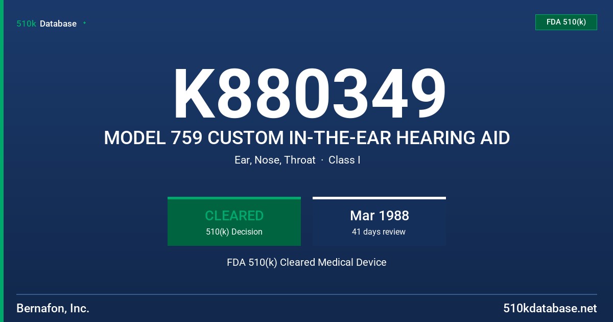 K880349 MODEL 759 CUSTOM IN-THE-EAR HEARING AID FDA 510(k) Cleared Medical Device