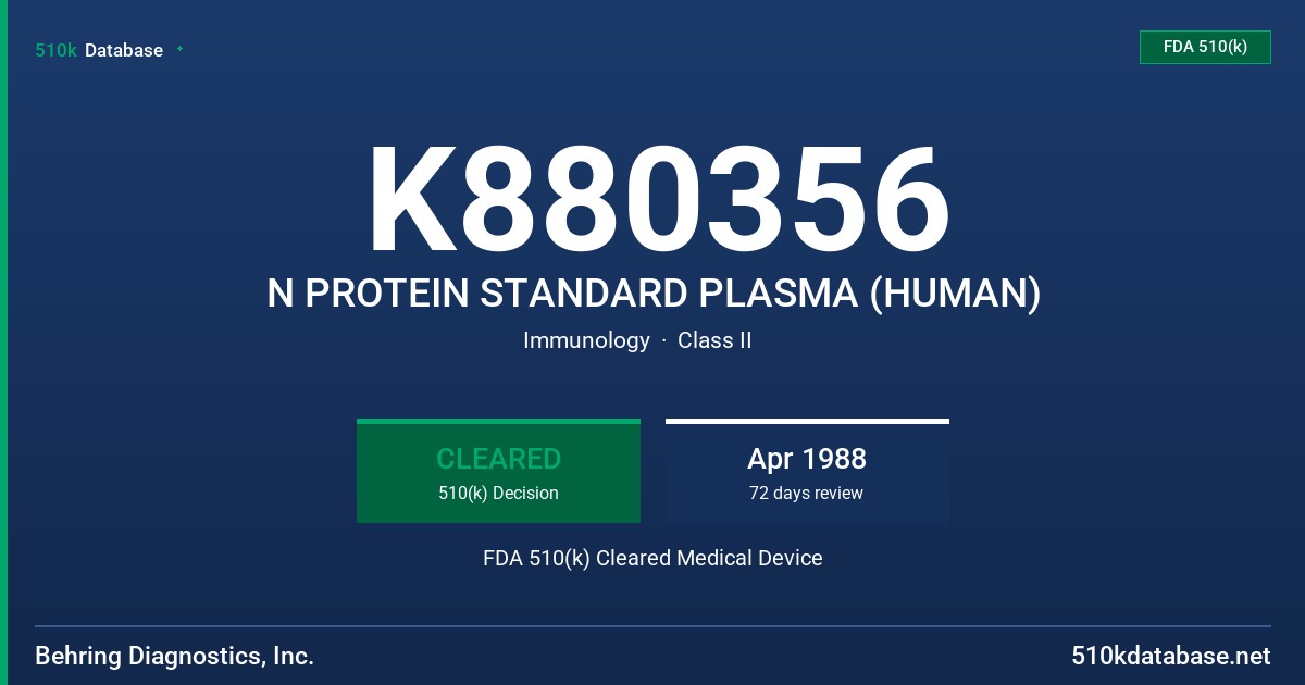 K880356 N PROTEIN STANDARD PLASMA (HUMAN) FDA 510(k) Cleared Medical Device