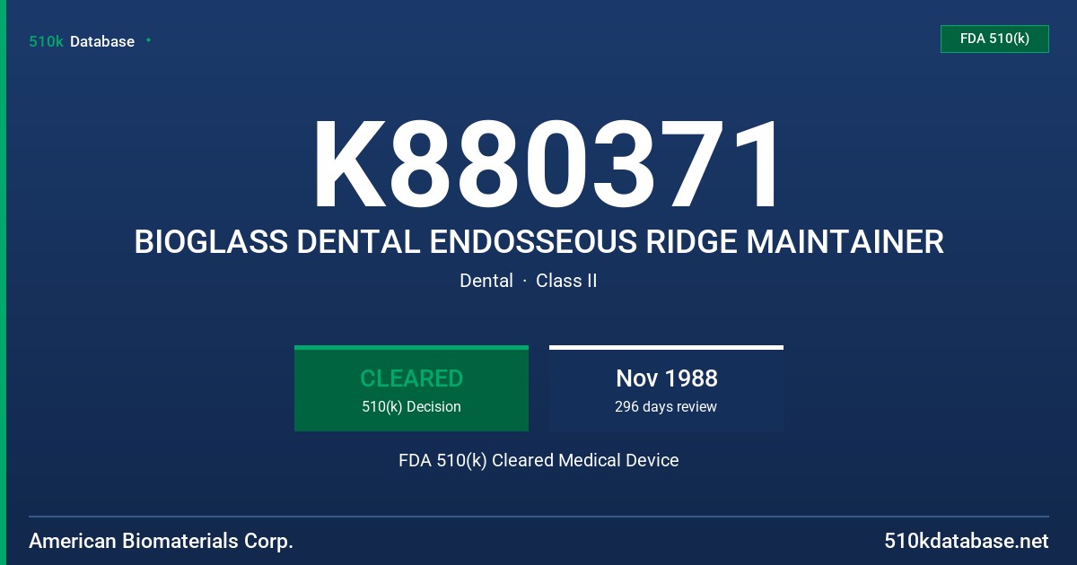 K880371 BIOGLASS DENTAL ENDOSSEOUS RIDGE MAINTAINER FDA 510(k) Cleared Medical Device