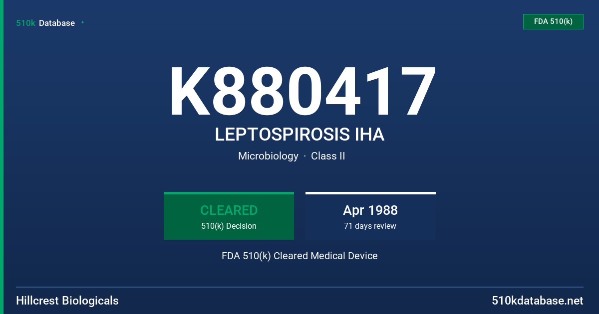 K880417 LEPTOSPIROSIS IHA FDA 510(k) Cleared Medical Device