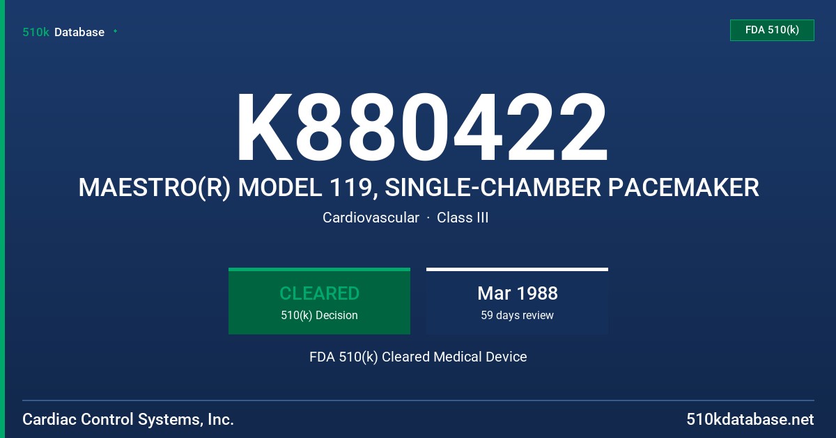 K880422 MAESTRO(R) MODEL 119, SINGLE-CHAMBER PACEMAKER FDA 510(k) Cleared Medical Device