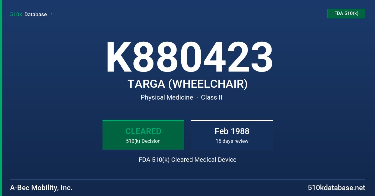 K880423 TARGA (WHEELCHAIR) FDA 510(k) Cleared Medical Device