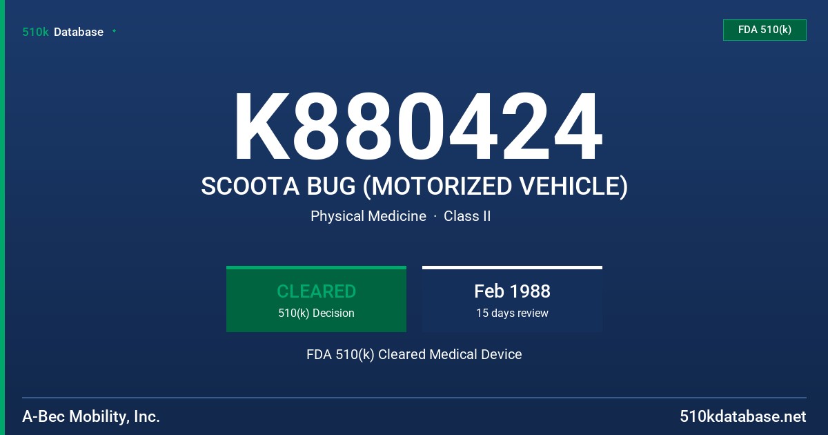 K880424 SCOOTA BUG (MOTORIZED VEHICLE) FDA 510(k) Cleared Medical Device