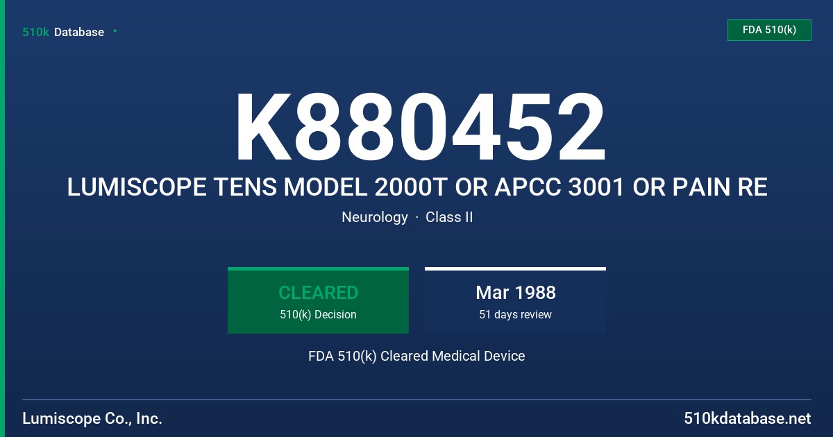 K880452 LUMISCOPE TENS MODEL 2000T OR APCC 3001 OR PAIN RE FDA 510(k) Cleared Medical Device