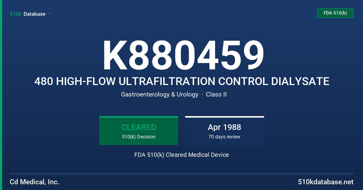 K880459 480 HIGH-FLOW ULTRAFILTRATION CONTROL DIALYSATE FDA 510(k) Cleared Medical Device